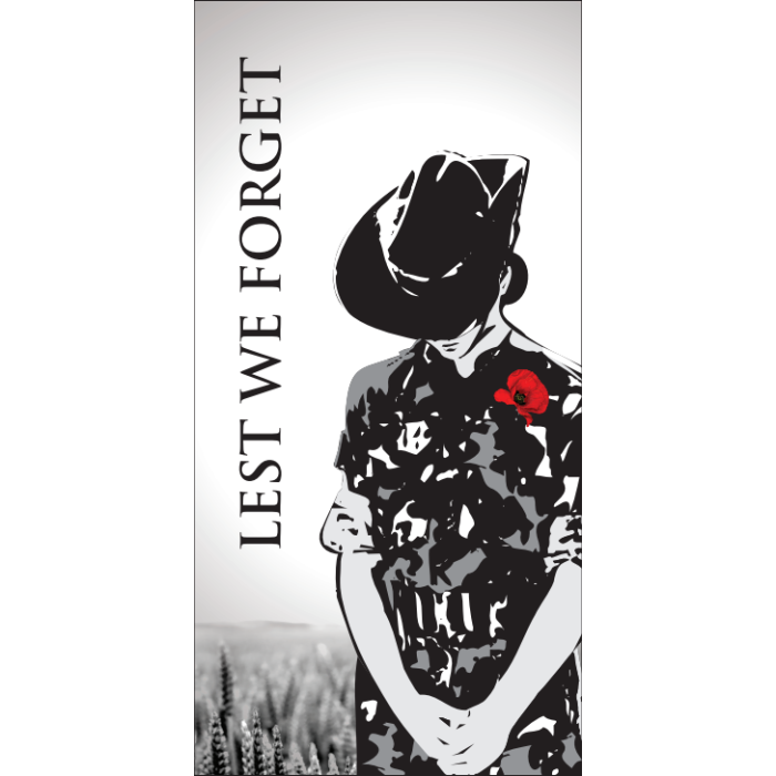 Lest We Forget Female Soldier Vertical Flag 900 x 1800mm